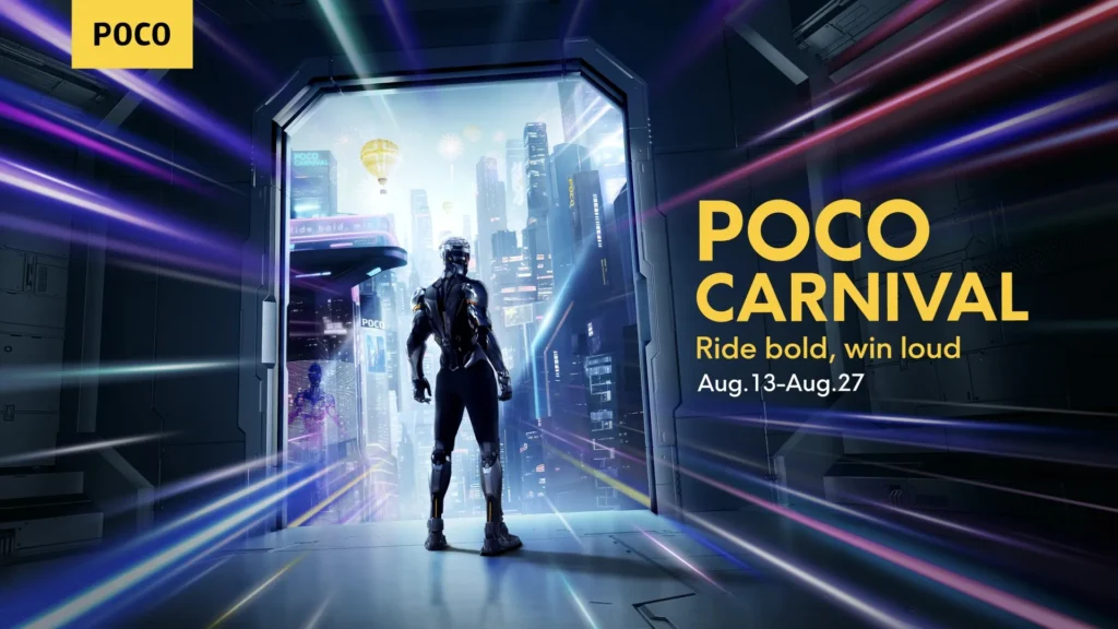 پوستر جشنواره POCO Carnival 2025 با نوشته Ride Bold, Win Loud