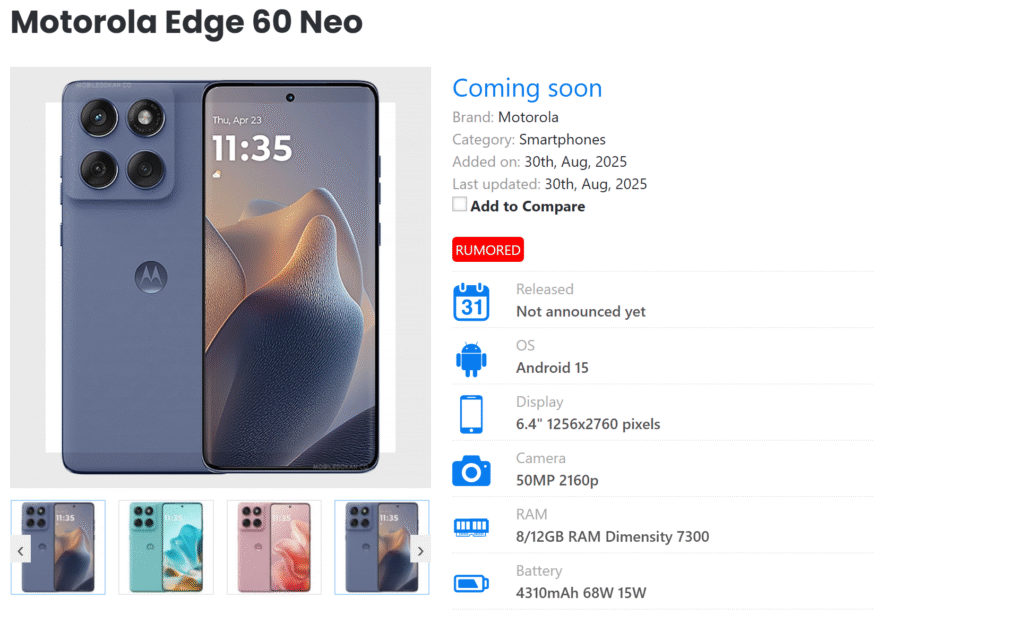 رندر رسمی Motorola Edge 60 Neo با طراحی مدرن و جزیره دوربین مربعی