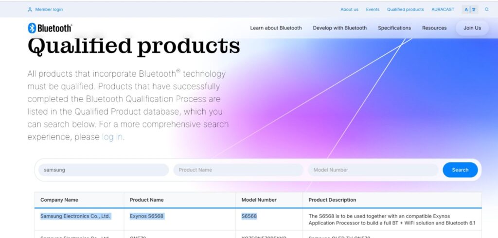 نمایی مفهومی از تراشه Exynos S6568 سامسونگ با پشتیبانی از بلوتوث 6.1 و Wi-Fi، همراه با اشاره به گوشی گلکسی S26 و ارتباطات نسل جدید