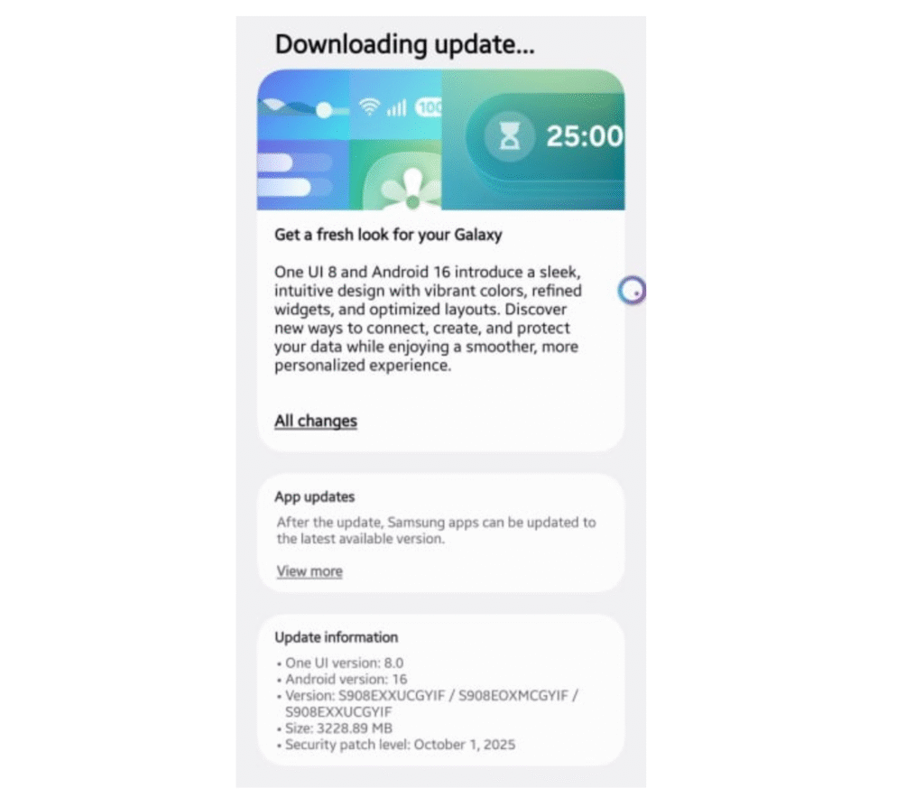Galaxy S22 با One UI 8 و لوگوی اندروید 16