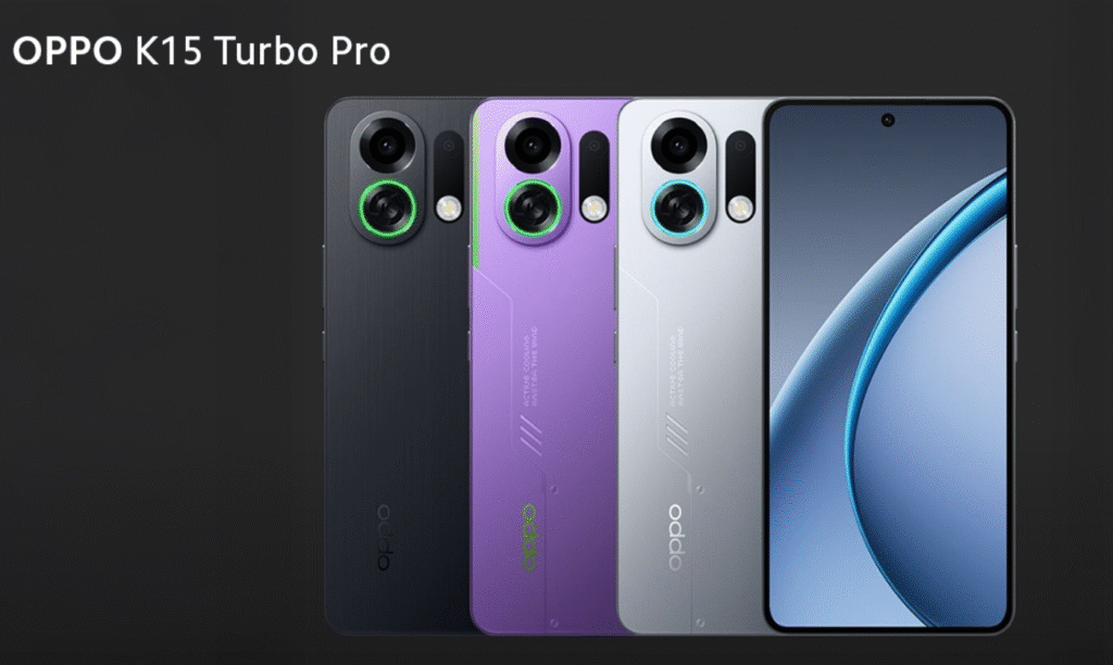 نمای جلوی Oppo K15 Turbo Pro با نمایشگر بزرگ و لوگوی سری Turbo